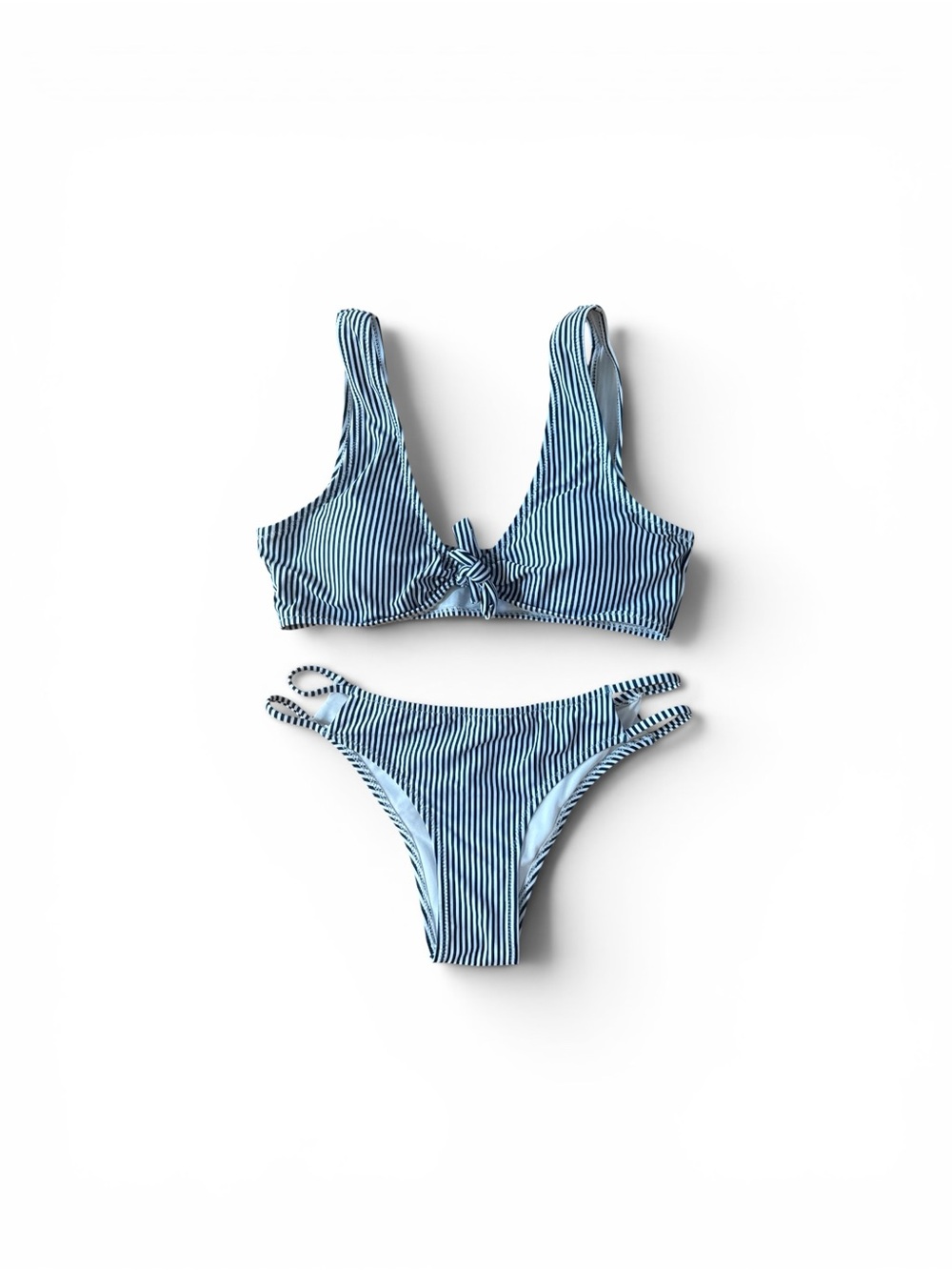 Striped Blue Tie-Front Bikini Set - Women Swim
